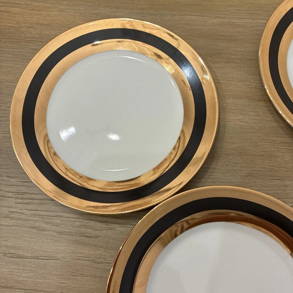 I. Godinger & Co Black & Gold Stripe Porcelain Dessert Plates Set of 4